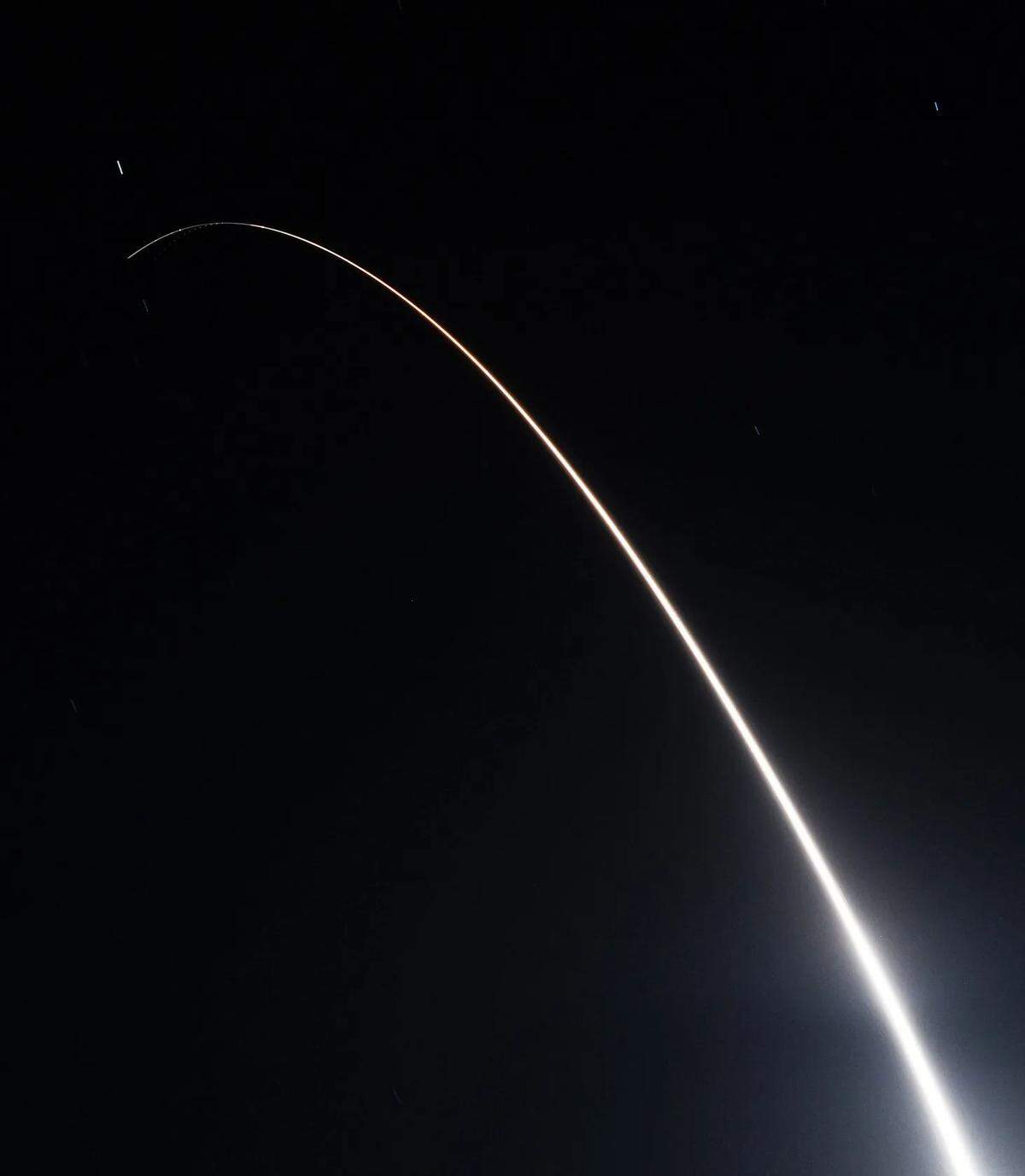 An unarmed Minuteman III missile streaks through the sky on Wednesday, April 19, 2023, after liftoff from Vandenberg Space Force Base