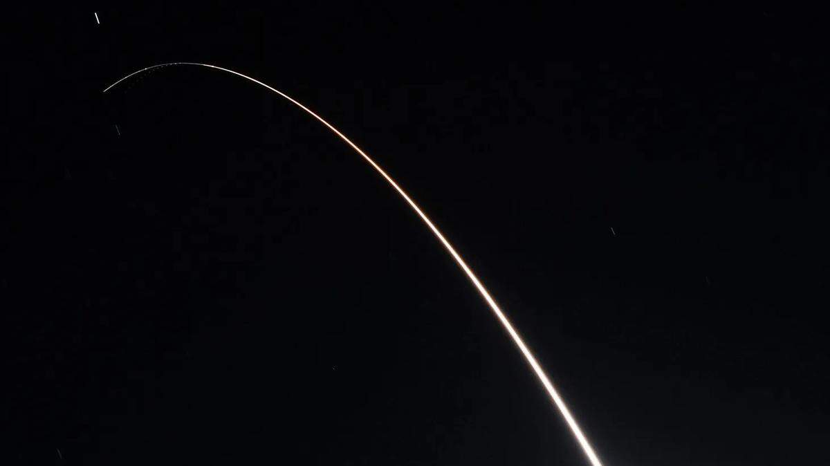 An earlier unarmed Minuteman III missile streaks through the sky on Wednesday, April 19, 2023, after liftoff from Vandenberg Space Force Base.