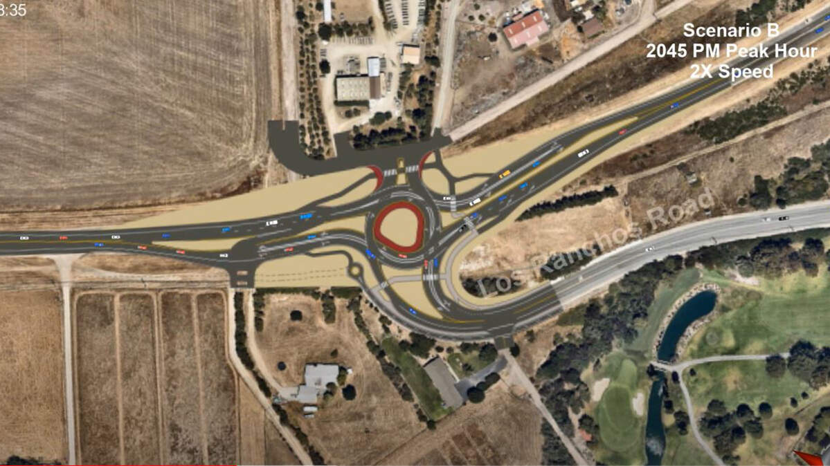 The Board of Supervisors will consider a plan to add two new roundabouts on Highway 227, including this one at Los Ranchos Road near the San Luis Obispo Country Club.