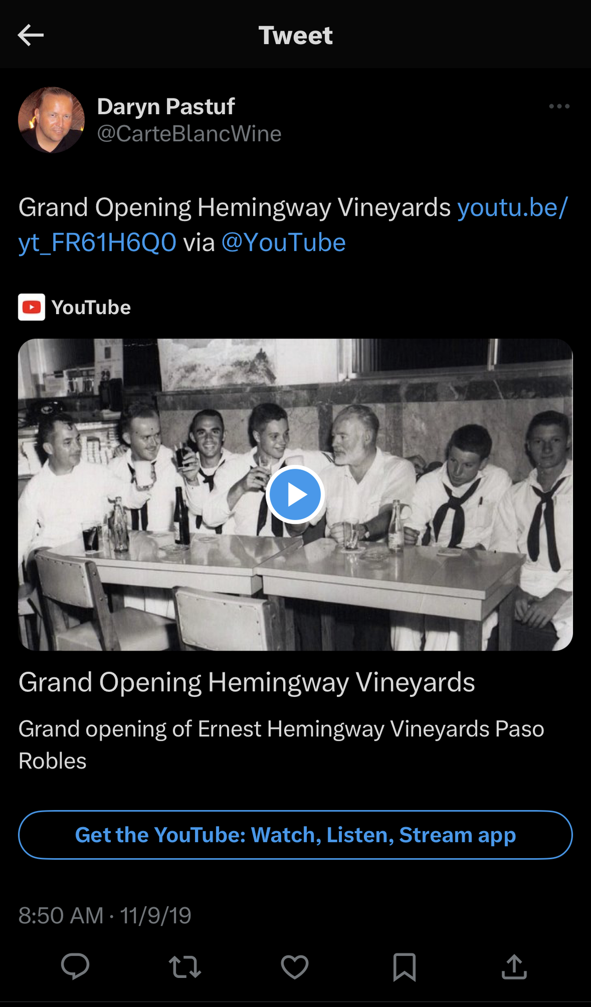 A screenshot of a tweet from Ernest Hemingway Vineyards owner Daryn Pastuf shows the vineyard opened in November 2019.