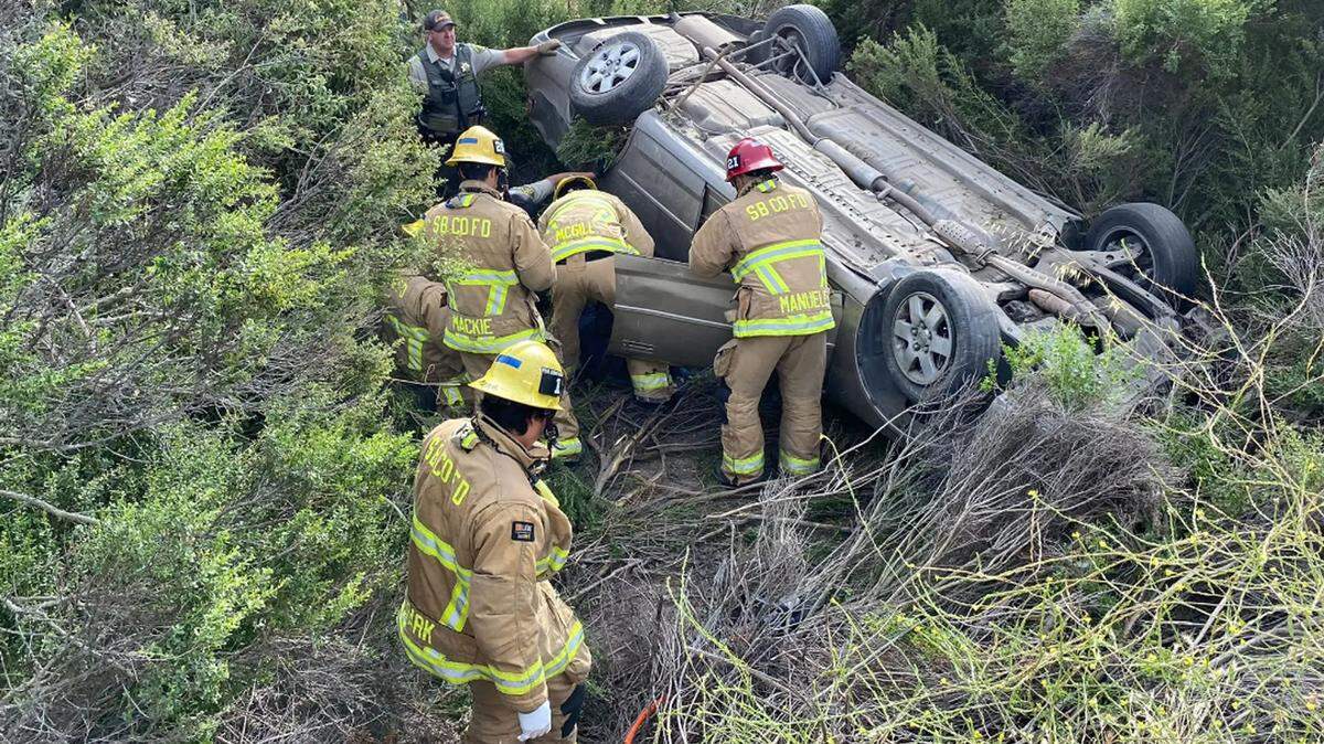 A man was trapped overnight on Monday after his vehicle went off Highway 135 south of Orcutt and overturned, landing on its roof in the brush. The driver sustained only minor injuries.
