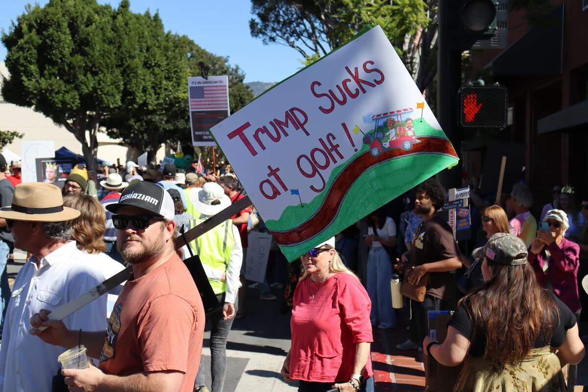Thousands of people attended the No Kings rally in downtown San Luis Obispo to protest the Trump administration and support Prop. 50 on Oct. 18, 2025.