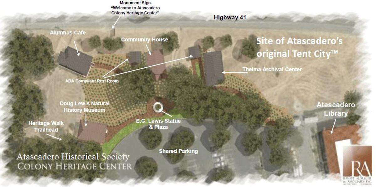 A rendering showing plans for the Atascadero Historical Society's Colony Heritage Center, located between the Atascadero Library and Highway 41.