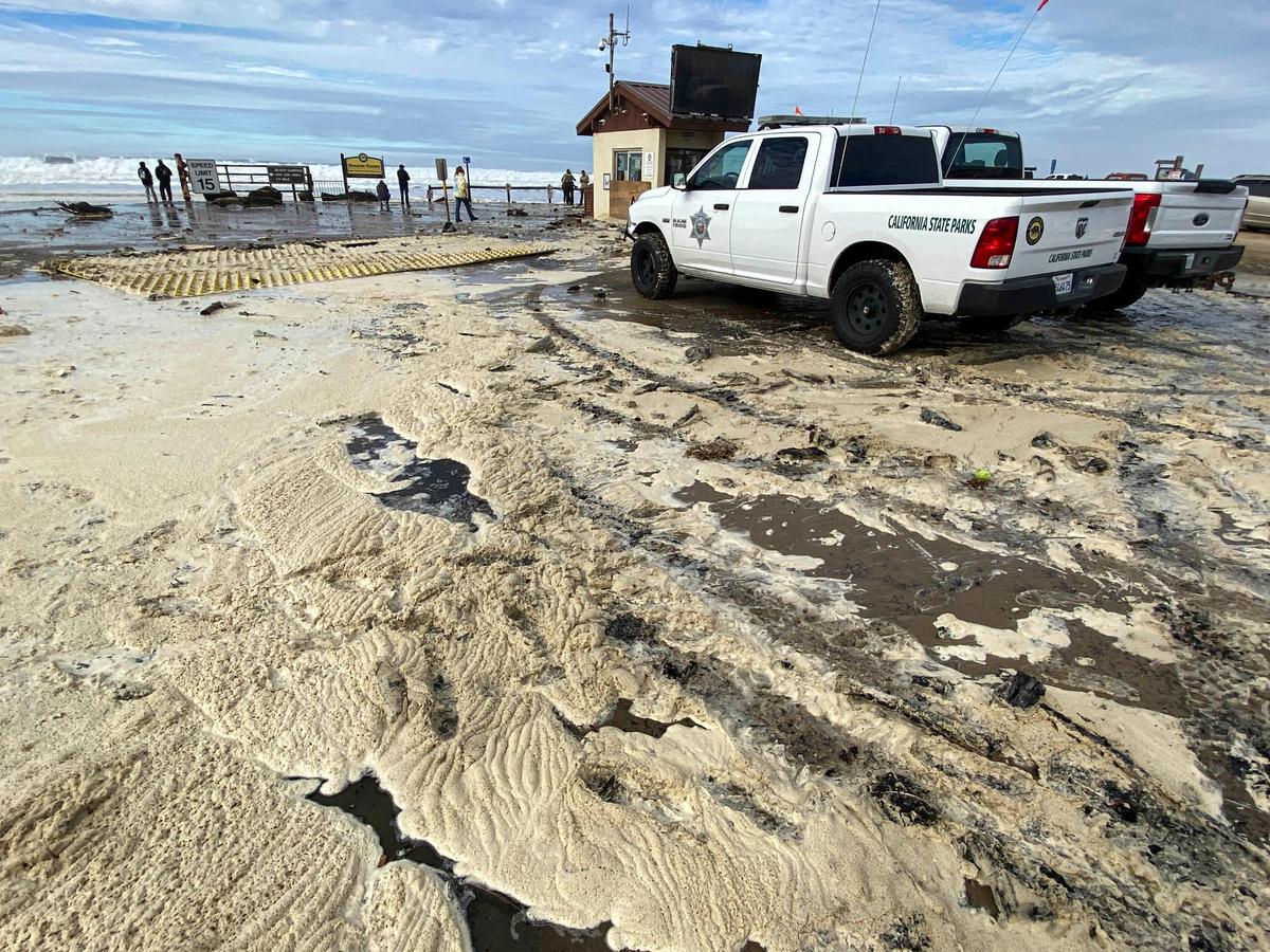 Storm driven high swells on the ocean combined with seasonal high tides combined to cause coastal erosion and water rescues Dec. 28, 2023. Pier Ave. beach ramp at Oceano Dunes was closed as waves frothed past the kiosk.
