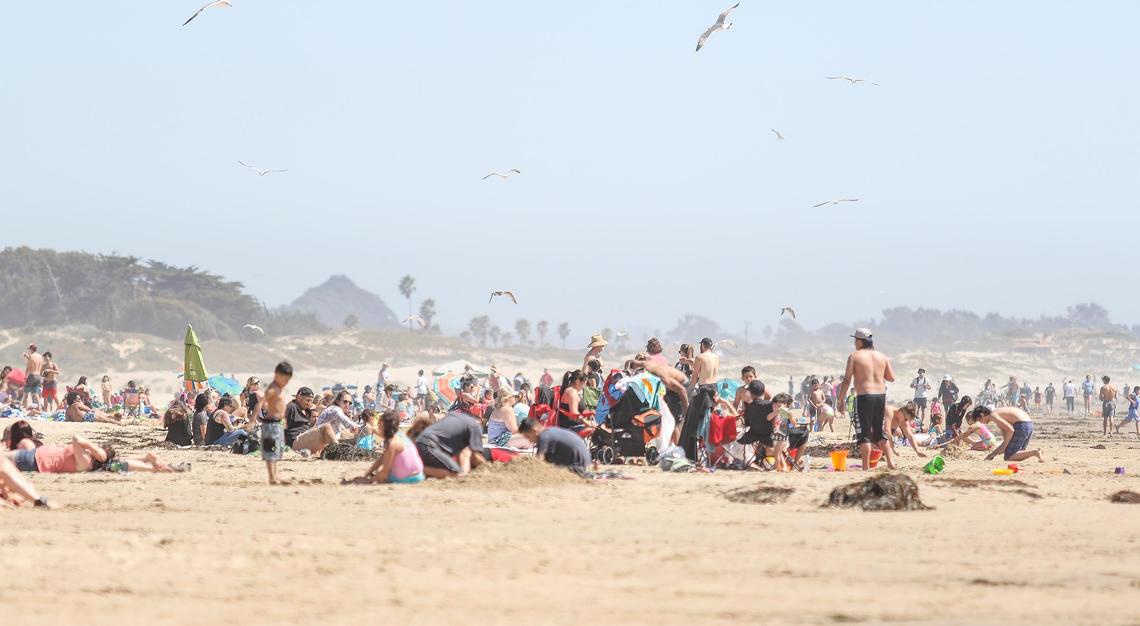 Hot weather drew big crowds to Pismo Beach on Saturday, despite the county’s stay-at-home order. The camera angle makes the beach look a little more “packed” than it was.