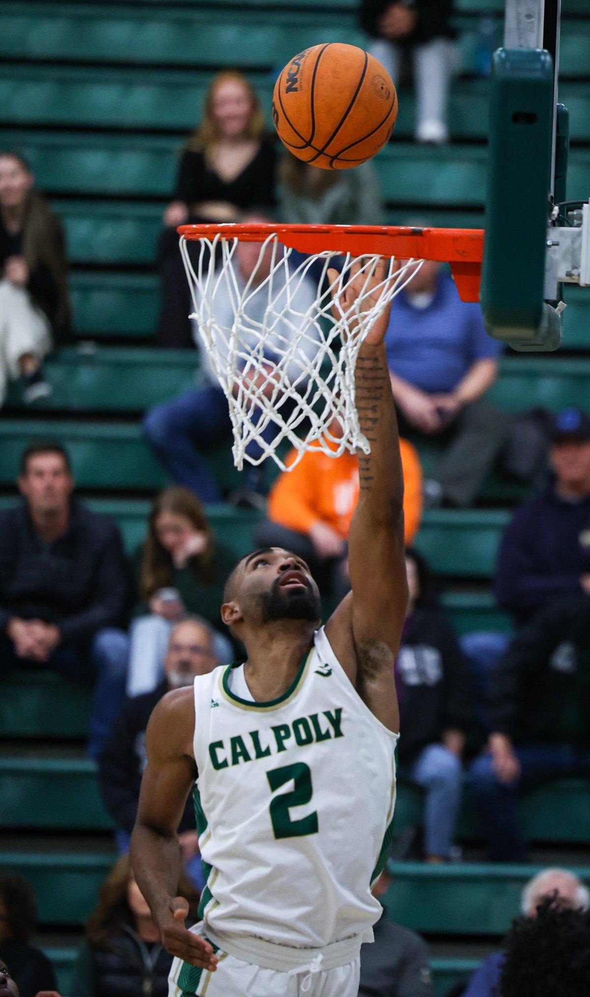 Trevon Taylor drives to the rim. Cal Poly basketball opened its season with a 94-59 win against Bethesda University on Nov. 7, 2022.
