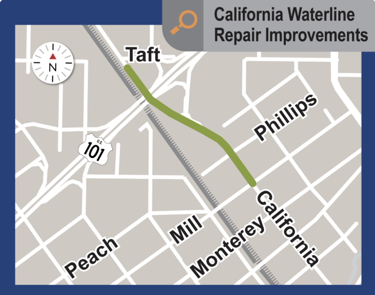 A map of the impacted area during upcoming waterline replacement work in San Luis Obispo in July 2026.