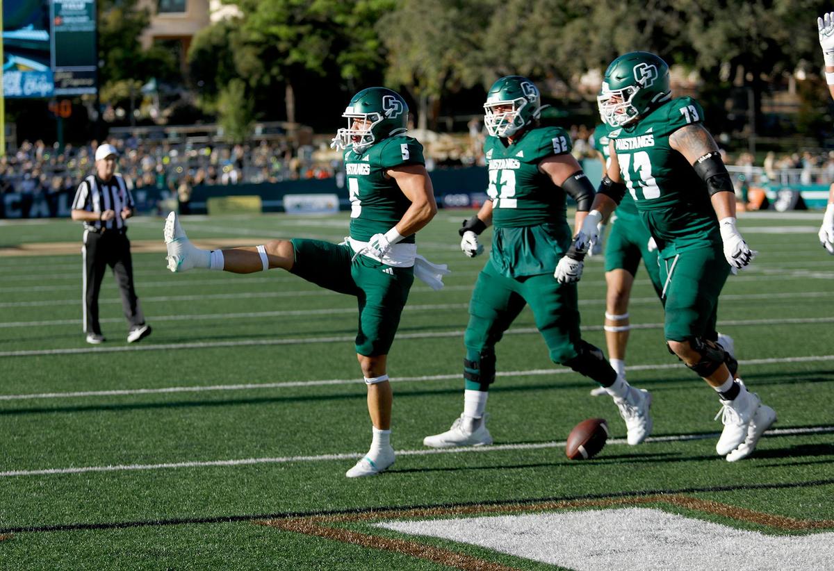 Cal Poly beat Western Oregon 31-14 in a college football game on Sept. 14 2024, in San Luis Obispo. Aiden Ramos high kicks after scoring a touchdown.
