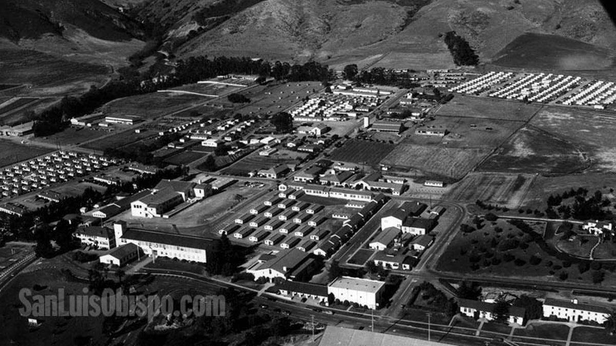 Cal Poly aerial circa 1948. Dexter building landscaping being finished, ag buildings in what is now the campus core. Â©The Tribune