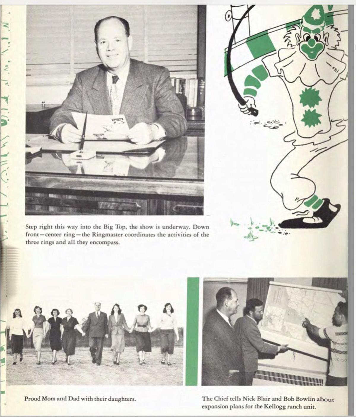 The 1952 Cal Poly yearbook El Rodeo featured an unfortunate circus theme with clown cartoons scattered throughout the book. President Julian McPhee is seen on this page in his office, looking over plans for the Kellogg ranch site (precursor to Cal Poly Pomona) and with his wife and 6 daughters. McPhee’s children grew up in an era when women could not attend Cal Poly, women students returned to campus in 1956.