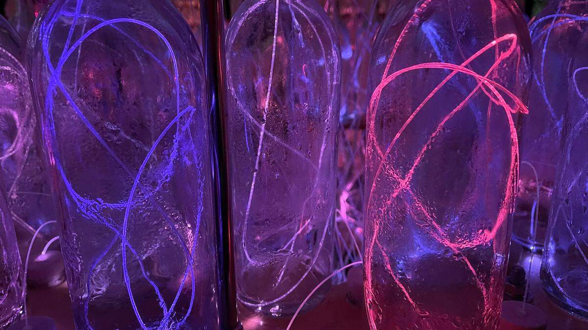 The newest attraction at the Sensorio Field of Light in Paso Robles is called Light Towers, a display of 69 columns assembled from 17,388 bottles illuminated by fiberoptic threads that gradually change colors. Each tower has 252 bottles.