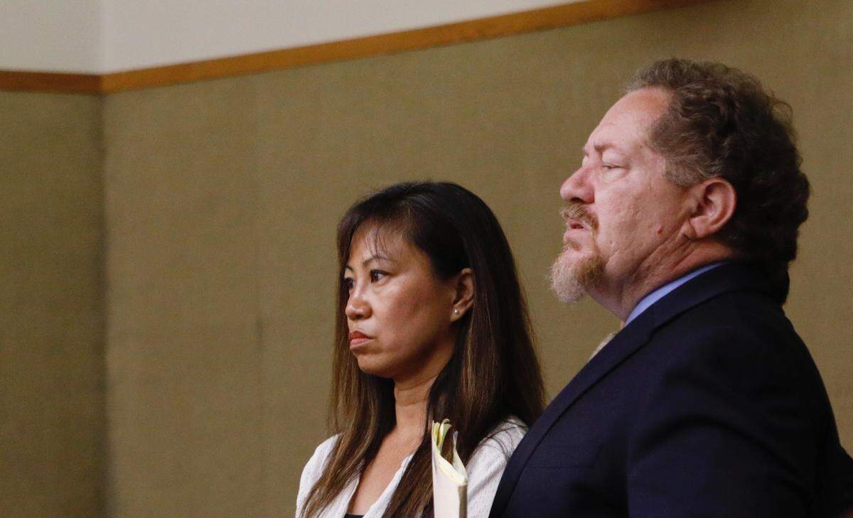 Sherry Gong, seen here in court with attorney Guy Galambos in July, was sentenced to 180 days in County Jail for stealing roughly $32,000 from the Atascadero High School Band’s booster club. Gong is the wife of San Luis Obispo County Clerk-Recorder Tommy Gong.