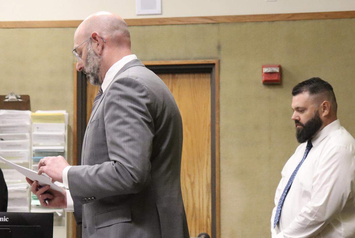 Deputy District Attorney Ben Blumenthal, left, and Robert Vasquez, seen here at a hearing in San Luis Obispo County Superior Court on May 4, 2026, for Vasquez’s sentencing for embezzling around $485,000 from Scott O’Brien Fire and Safety, where he worked as an executive employee from 2019 to 2023.