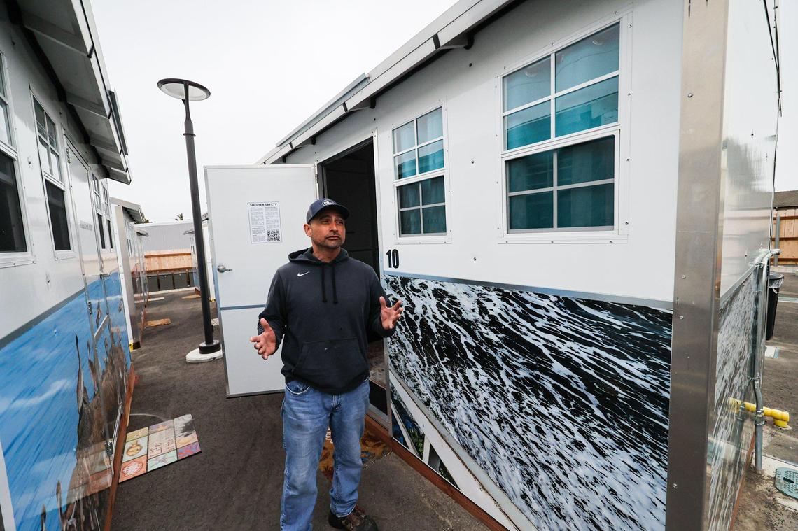 Marcos David Rodriguez was living in his car when a police officer told him about the Cabins for Change program in Grover Beach. He went from there to this no-frills cabin, seen here on April 28, 2023, and now graduating from the program to a home of his own.