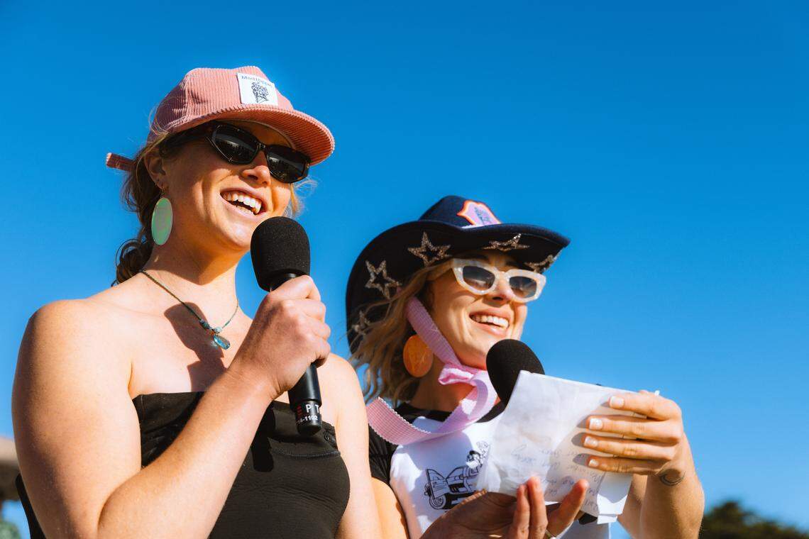 Femme Futures Foundation co-founder’s Sierra Emrick, left, and Kyra Joseph making announcements at the third annual Diva Cup Surf Invitational in Cayucos on Nov. 22, 2025.
