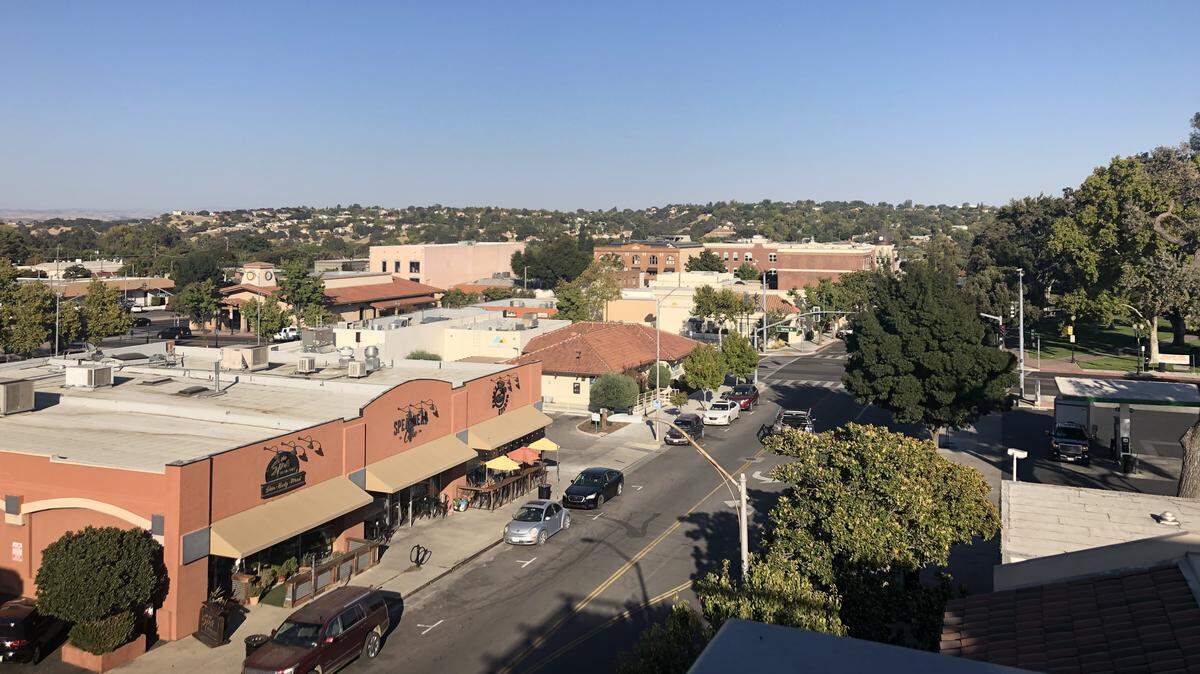 The view from The Piccolo hotel looks out over downtown Paso Robles and the City Park.