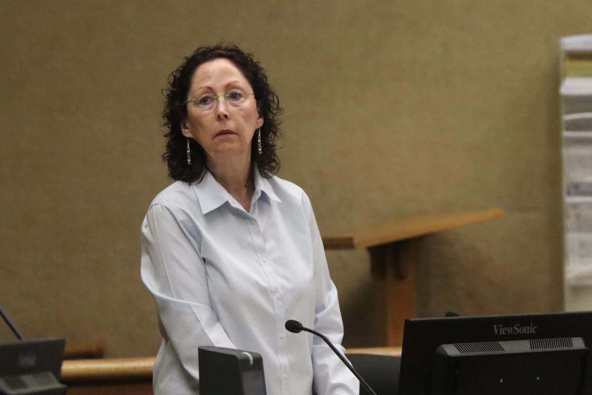Gaea Powell, seen here in court during her preliminary hearing on April 1, 2026. Powell is charged with nine counts of election fraud.
