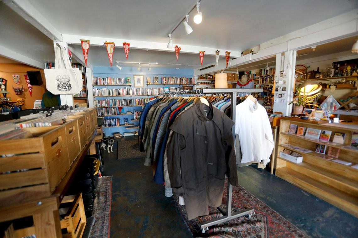 Racks of vintage clothing in Satellit of Love on Walker Street in San Luis Obispo. Vintage shops in downtown SLO buy and sell high-quality secondhand clothing and accessories.