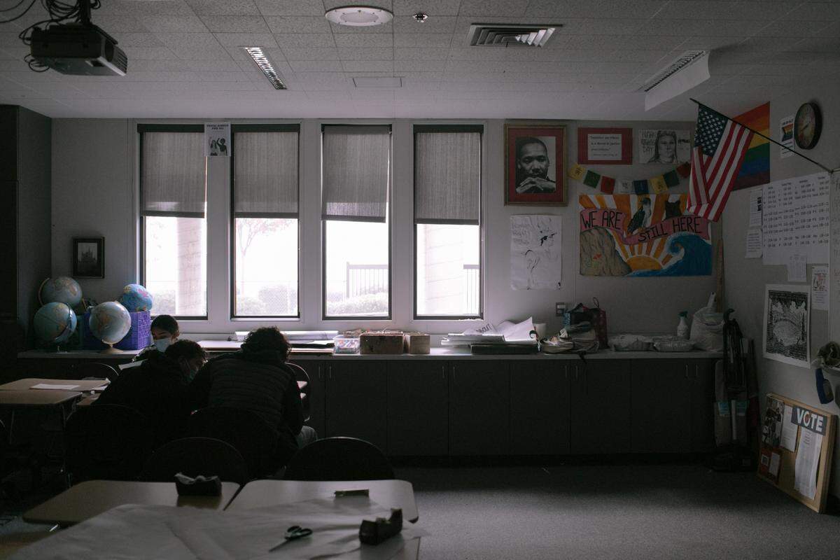 A portrait of the Rev. Martin Luther King Jr. watches over the Paso Robles High School classroom where Geoffrey Land teaches the much-debated ethnic studies course.
