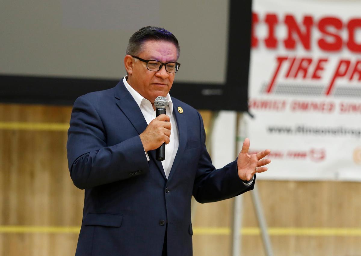 Congressman Salud Carbajal speaks at a town hall at Cuesta College in San Luis Obispo on Tuesday, April 22, 2025. He was joined by Sen. Adam Schiff.