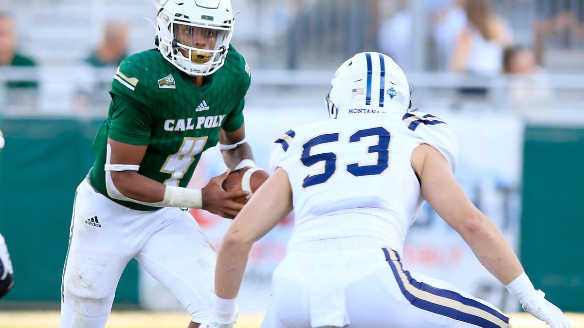 Cal Poly hosts Montana State at Alex Spanos Stadium, Saturday, October 5, 2019. Cal Poly quarterback (4) Jalen Hamler (4) looks to pass.
