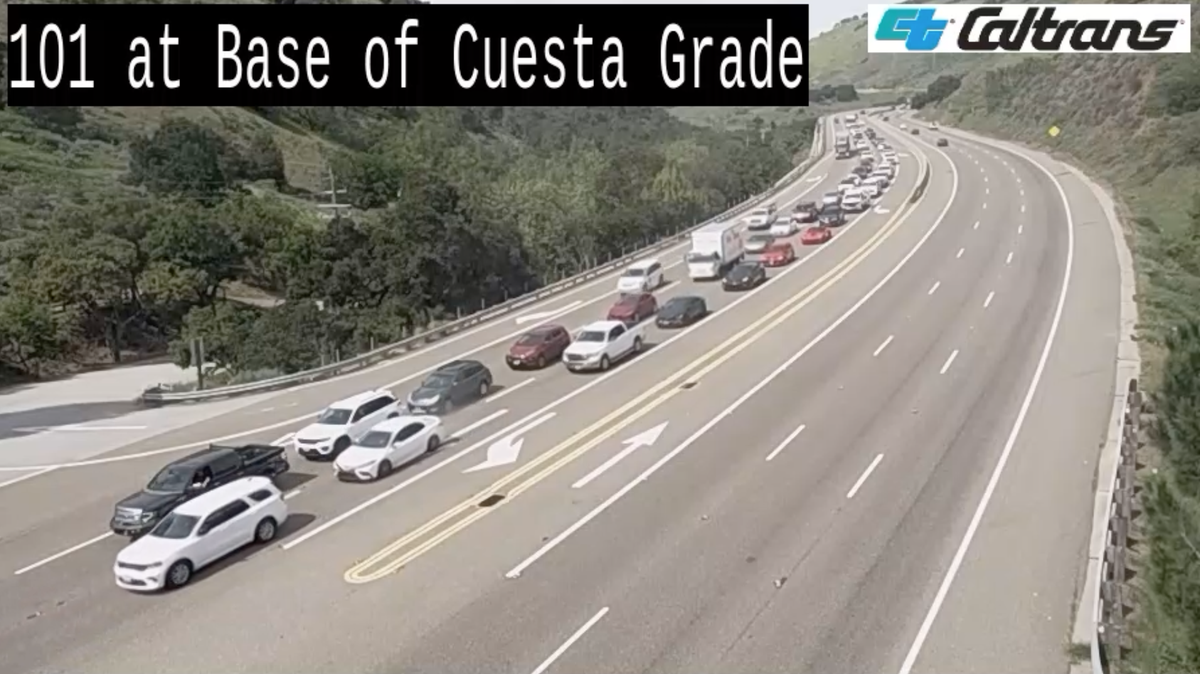 A two-car crash on southbound Highway 101 backed up traffic near the base of the Cuesta Grade on Friday, March 13, 2026.