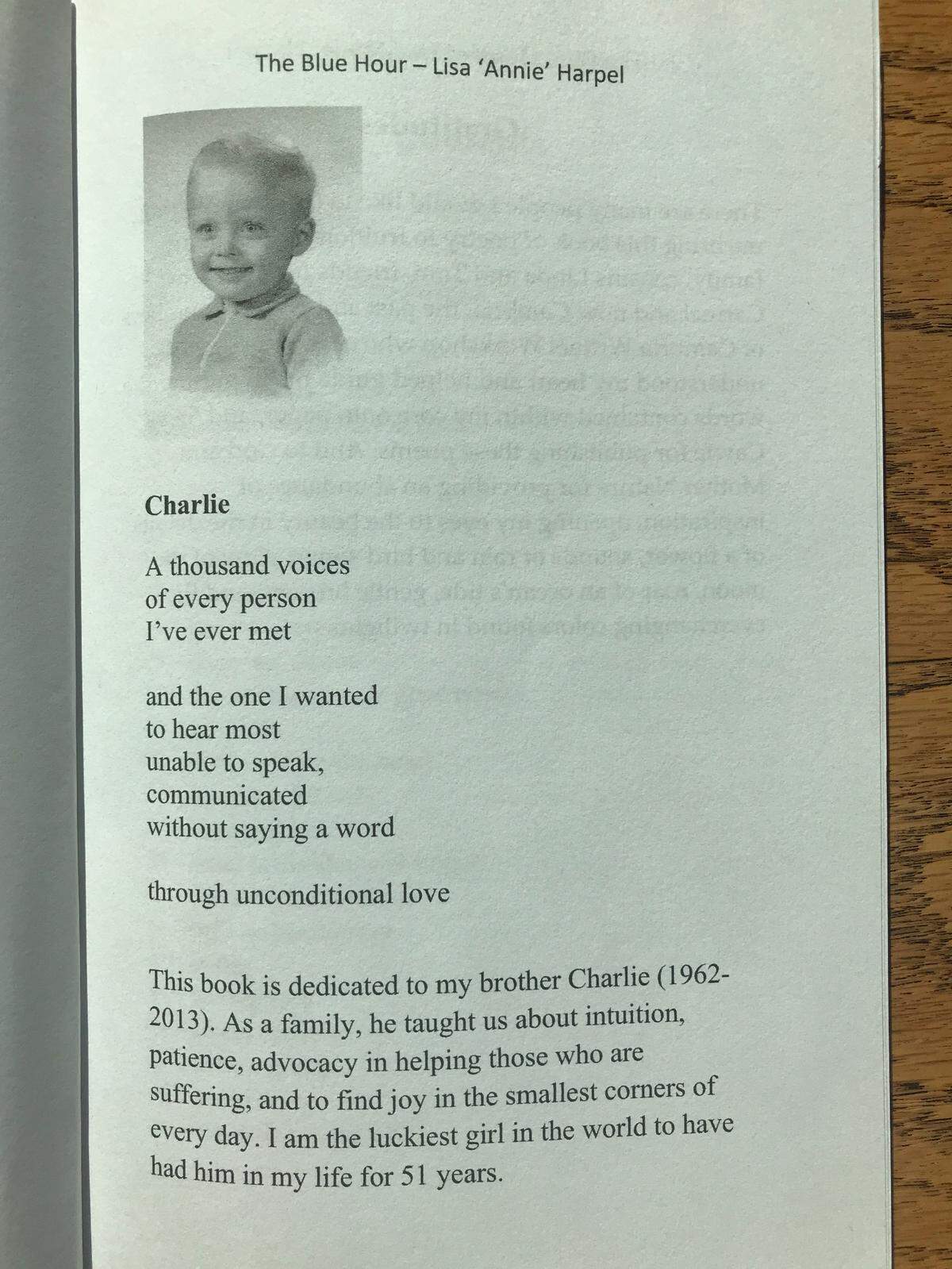Lisa “Annie” Harpel of Cambria wrote a book of poems titled “The Blue Hour.” The first poem in the book is about her late brother, Charlie.