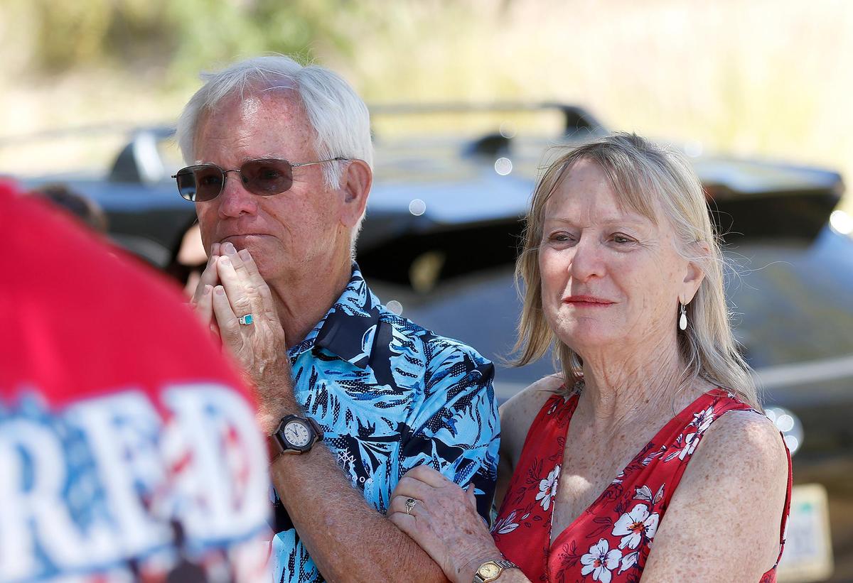 Ellen Pezo stands beside her fiance, Bob Conover, during a July 2, 2022, birthday celebration for her mother, U.S. Marine Corps veteran Elizabeth Ross hosted by Welcome Home Military Heroes at Pezo’s San Luis Obispo home. Ross turns 100 on July 5.