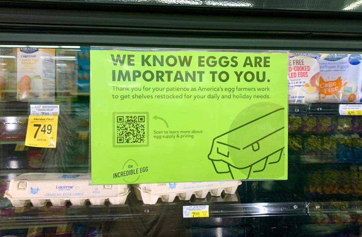 A sign assuring customers that “We know eggs are important to you” is posted on a display case for eggs at Vons, 3900 Broad St. in San Luis Obispo, on Monday, Jan. 13, 2025.