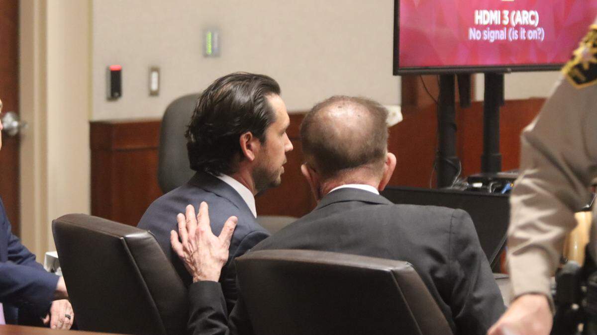 Hollywood stuntman Jonathan Spano, left, was sued by Michael and Anita Hendry after their daughter, Tanya Hendry, died in an ATV crash at a “Burning Man” style party he hosted in 2020. He is seen here in court on Feb. 17, 2026.