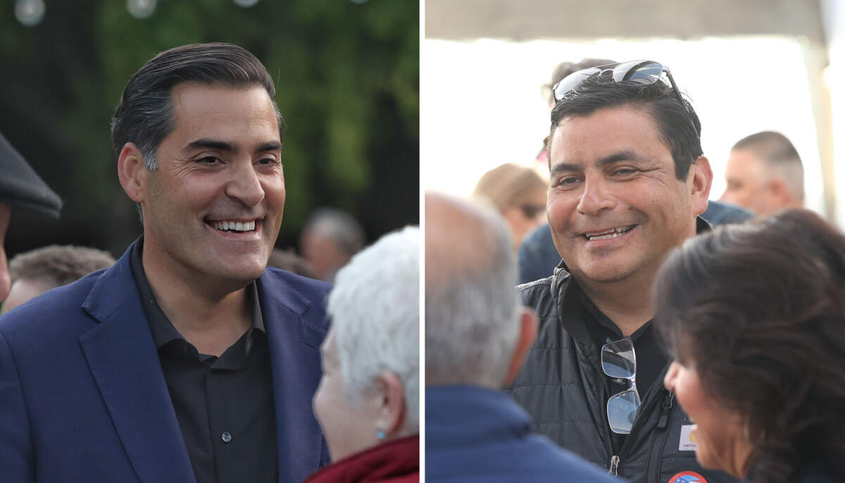 District 4 Supervisor Jimmy Paulding, left, and challenger Adam Verdin talk to supporters at their campaign parties as votes came in on Election Night, June 2, 2026.
