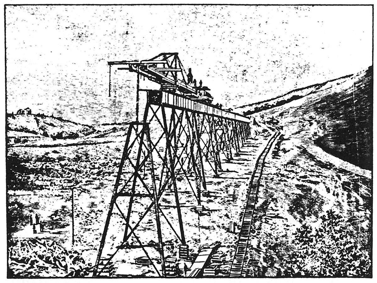 Stenner Creek bridge construction is illustrated in the San Luis Obispo Tribune Souvenir Edition from May 1894. The Southern Pacific conquered the Cuesta Grade and opened rail traffic to San Francisco and the the United States. The Traveller can be seen hoisting girders into place while material is transported via rail on the bottom of the canyon with cable power from a stationary engine. Building materials took 50 rail cars to deliver.
