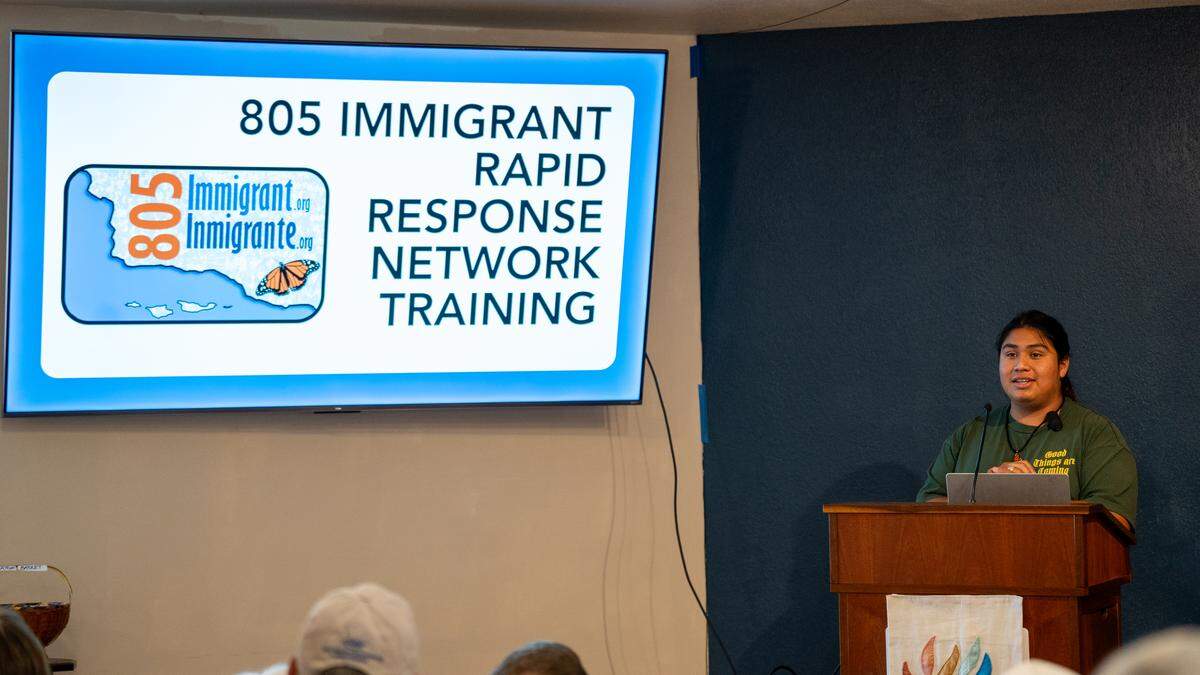 Cesar Vasquez leads an 805 Immigrant Rapid Response Network training at the Unitarian Universalist church in Cambria on Sept. 20, 2025.
