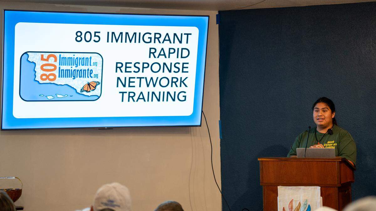 Cesar Vasquez leads an 805 Immigrant Rapid Response Network training at the Unitarian Universalist church in Cambria on Sept. 20, 2025.