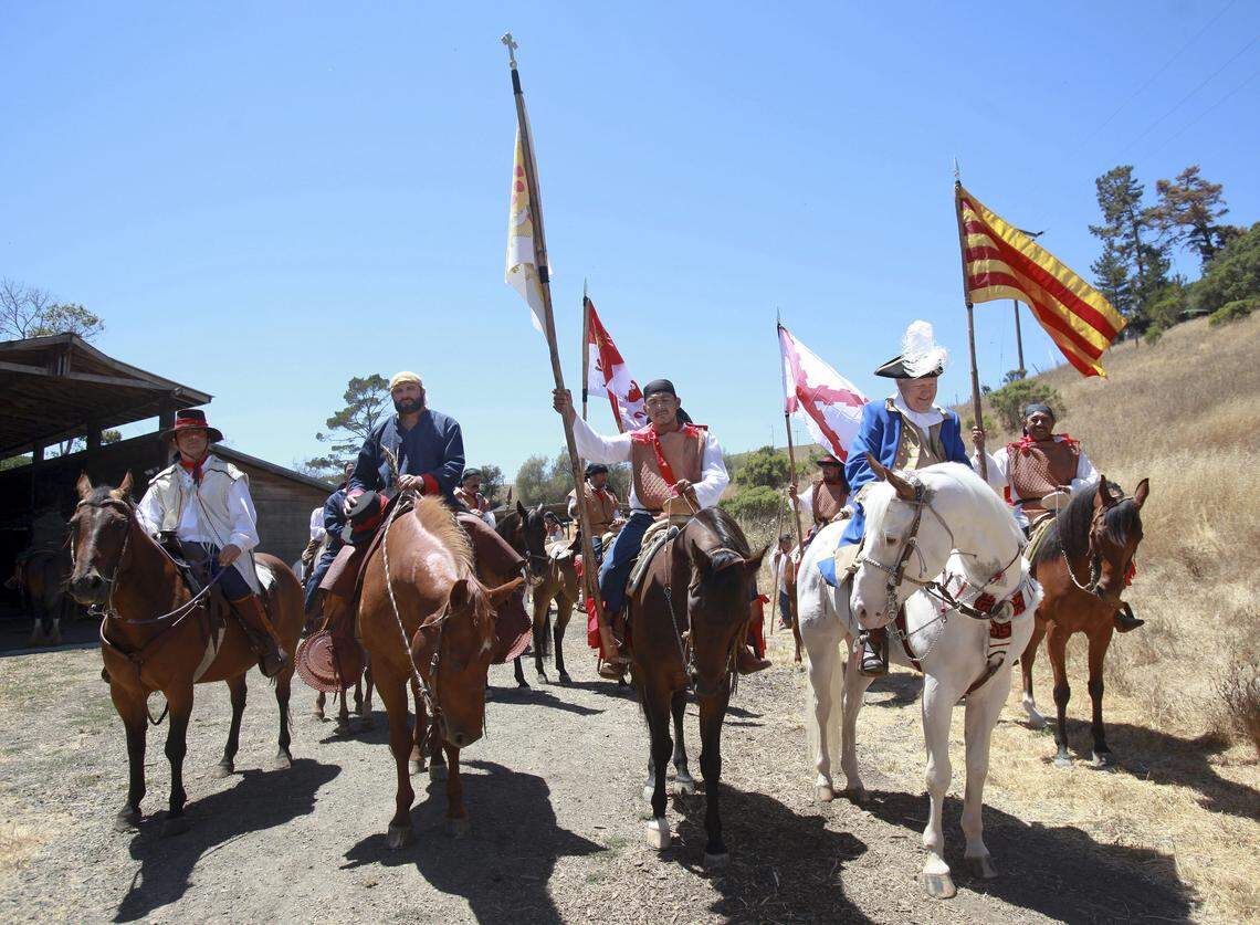 Cambrian Indie and documentary filmmaker, Jim Kelty, is shooting scenes for a five part series on Father Serra and the founding of the California Missions. They are using up to 60 crew, actors and local extras, and 20 horses for scenes representing the Portola Expeditions of 1769 and 1770. The horsemen are waiting to star their scene.
