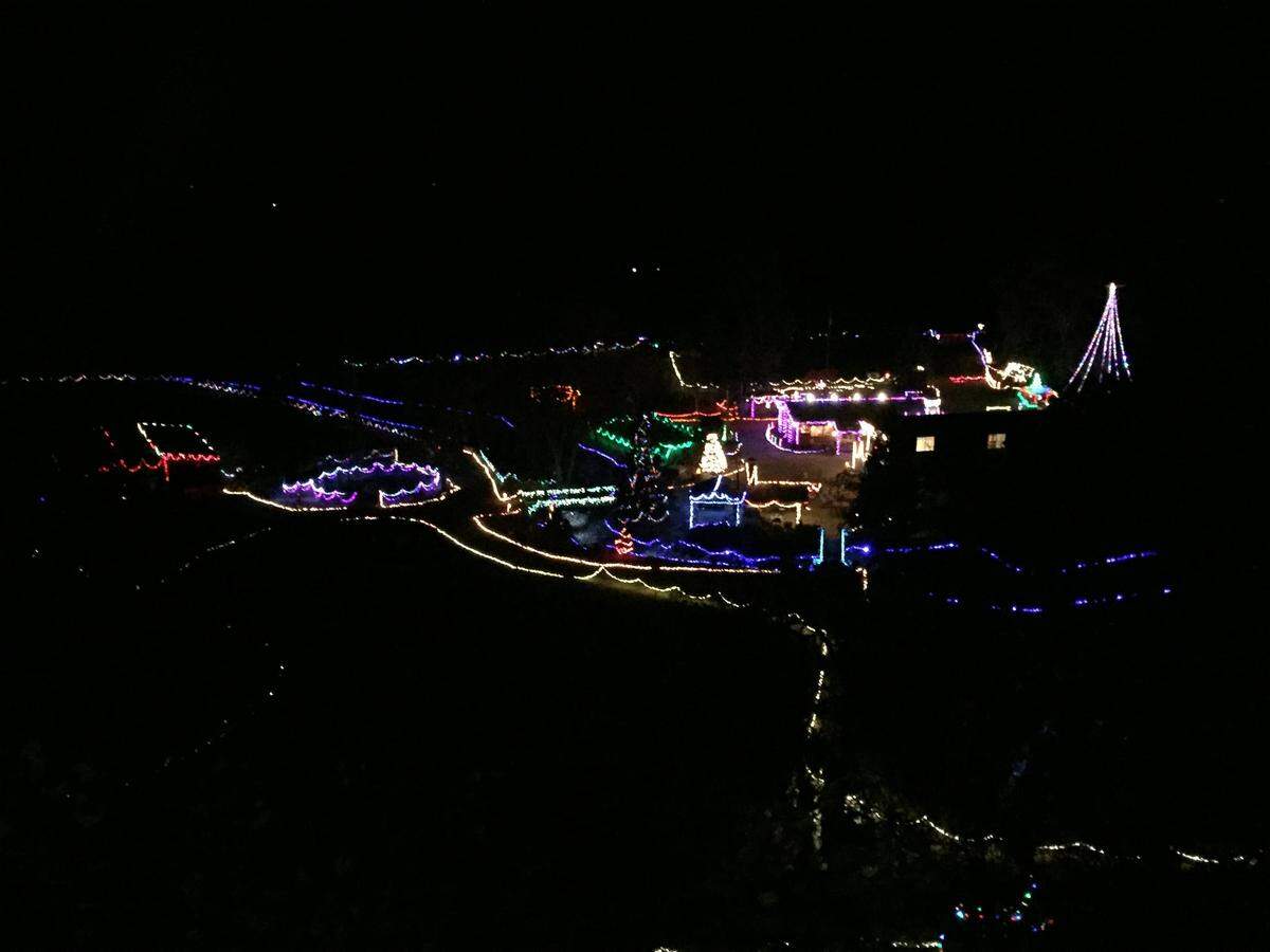 A view of the Critter Creek Ranch holiday lights display from a nearby trail. The 10 acre property is on La Panza Road in Creston.