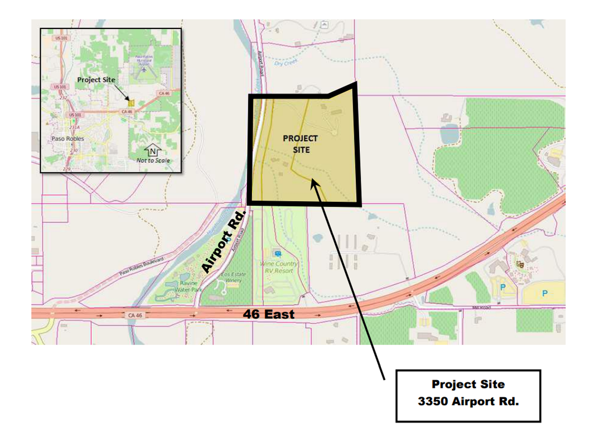 A map shows the location of a the “Destino Paso Resort” project, which is slated to bring four hotels to Paso Robles.