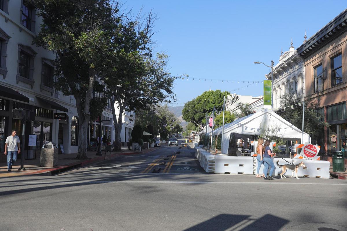 The view down Monterey Street still includes the Sinshimer building at right but the biggest change since the 19th century was the addition of trees downtown.