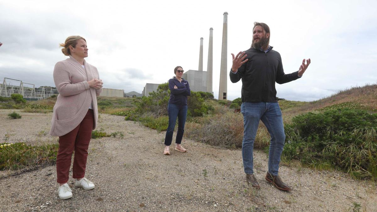 Texas-based energy company Vistra Corp. applied to build a battery storage facility on the retired Morro Bay Power Plant site. Vistra public information officers Meranda Cohn and Jenny Lyon and project development manager David Yeager tour the site on April 24, 2024. 