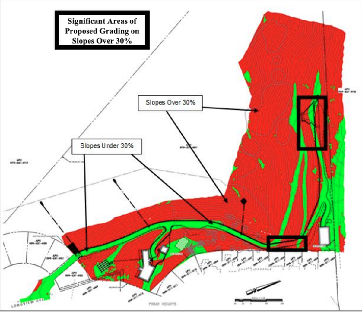 A grading map of the Longview project site parcel. According to neighbors’ appeal, projects on slopes greater than 10% grade must get a major grading permit and environmental determination under CEQA. Most of the parcel is on slopes over 30%.