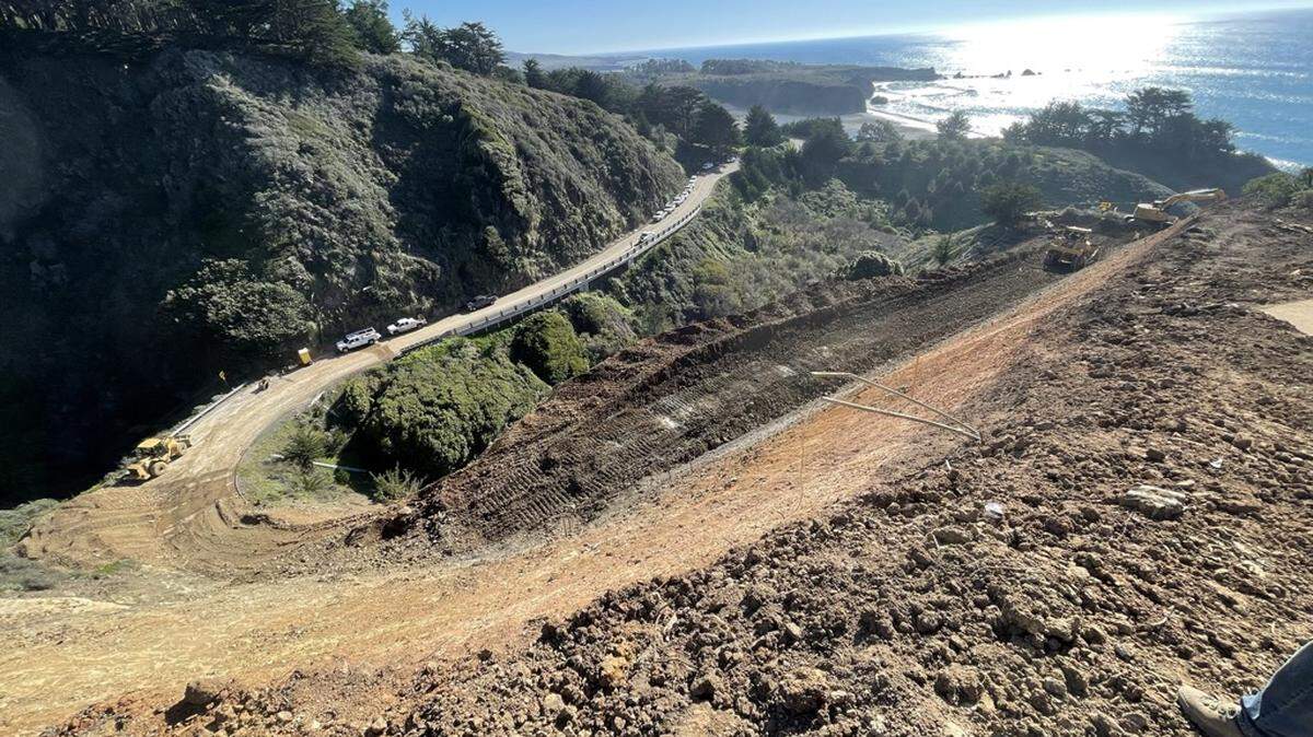 Crews continue to make progress at Polar Star Slide along California’s Highway 1 on Jan. 26, 2023.