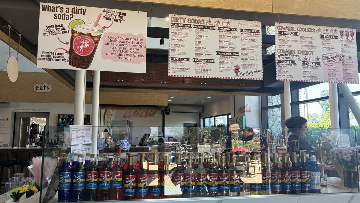 An array of syrups line the counter of Cowgirl Soda Co. in Paso Robles, seen here on June 25, 2026.