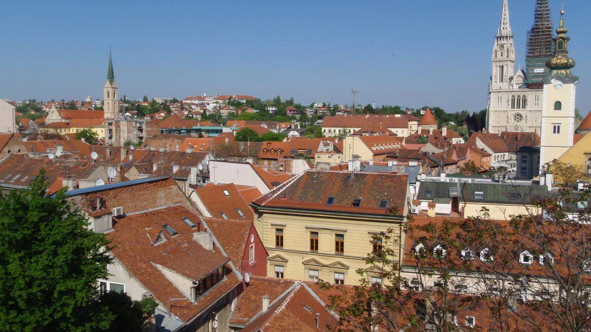 The rooftops of Zagreb, Croatia. Zagreb Cathedral's two sandstone spires tower over the oldest part of the city, Upper Town (Gornji Grad).