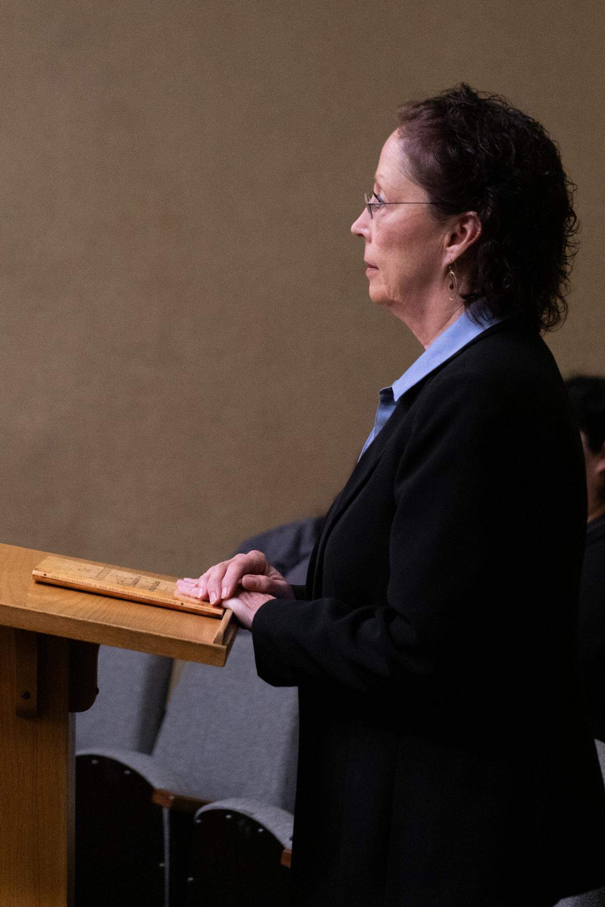 Former Arroyo Grande mayoral candidate Gara Powell pleads not guilty to nine election fraud counts in San Luis Obispo Superior Court on July 15, 2025.