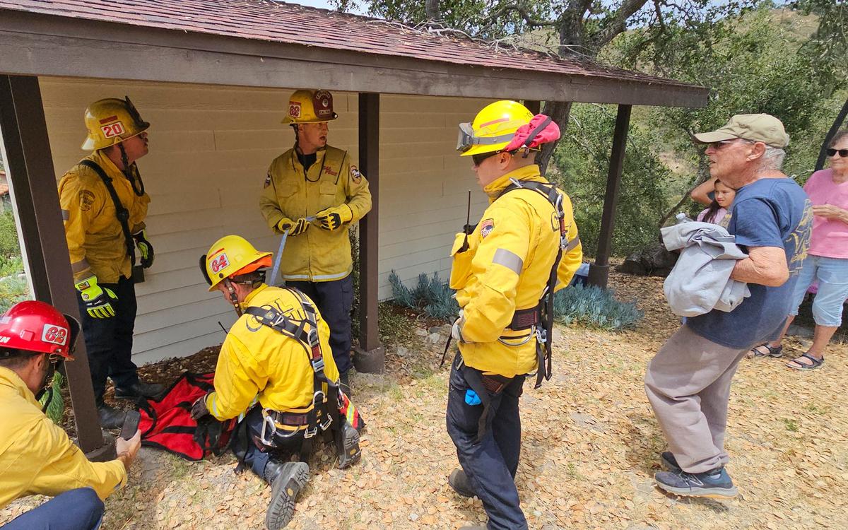 A 16-year-old dog named Bobo was rescued by Cal Fire/San Luis Obispo County Fire firefighters Friday afternoon after falling off a 35 foot cliff off 400 block of Squire Canyon Road. Bobo’s owner, David Yount, thanks the firefighters profusely.
