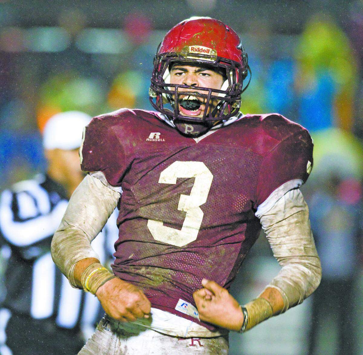 Paso Robles’ Josh Oliver was selected in the third round of the NFL Draft. Here, Oliver celebrates a sack on Newbury Park quarterback Daniel Prieto during the 2014 CIF Southern Section Northern Division championship in Paso Robles.