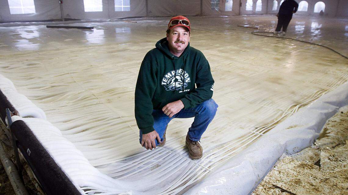 Derek Ehinger at his ice skating rink, which is under construction in Atascadero and which he hopes will open in coming days and remain open through the end of March.