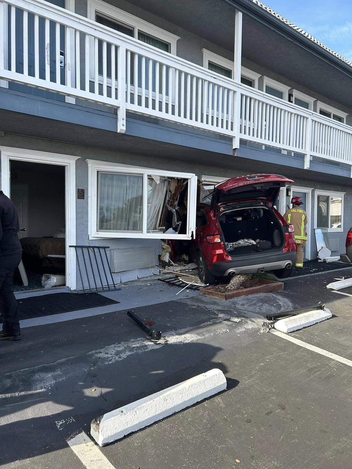 A car crashed into a motel room Tuesday, March 7, 2023, at the Quality Inn in the 200 Block of Five Cities Drive in Pismo Beach.