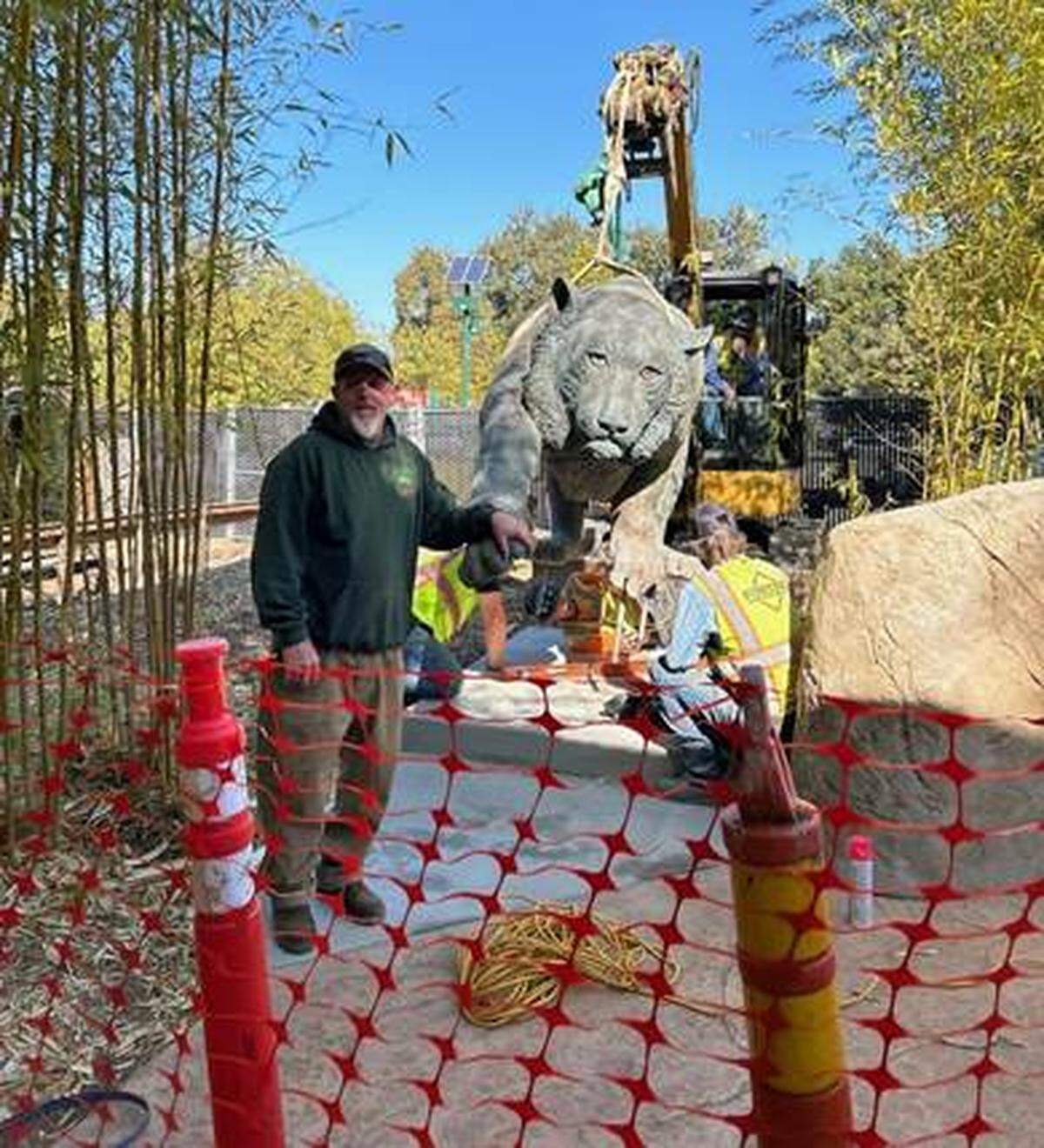 Lucas Porter Construction moved the iconic bronze tiger sculpture at the Charles Paddock Zoo in Atascadero from the Caribbean flamingo habitat to the Thelma Vetter Red Panda Experience in November 2024.
