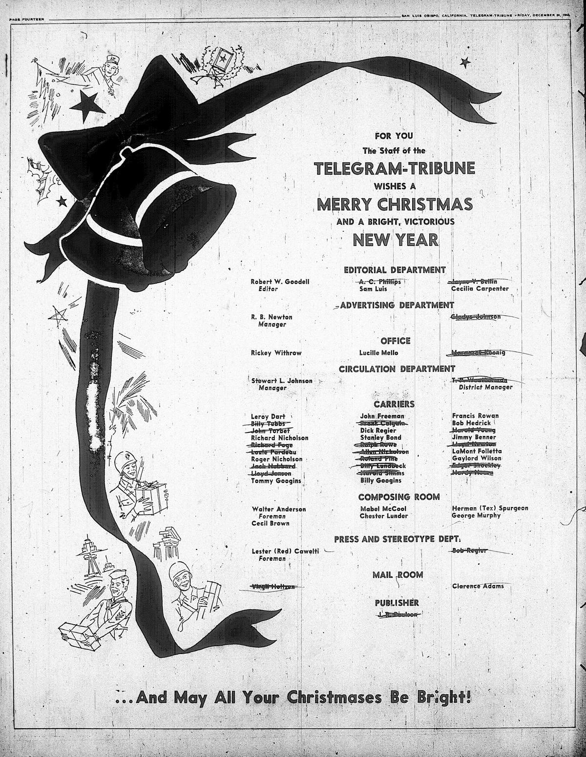 A December 26, 1943 Christmas greeting from the staff of the Telegram-Tribune included four real and one imaginary newsroom employee.